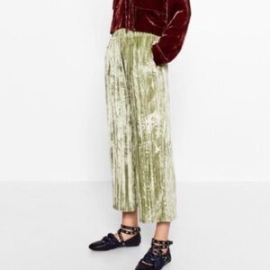 NWT Zara Light Green Velvet Wide Leg Pants